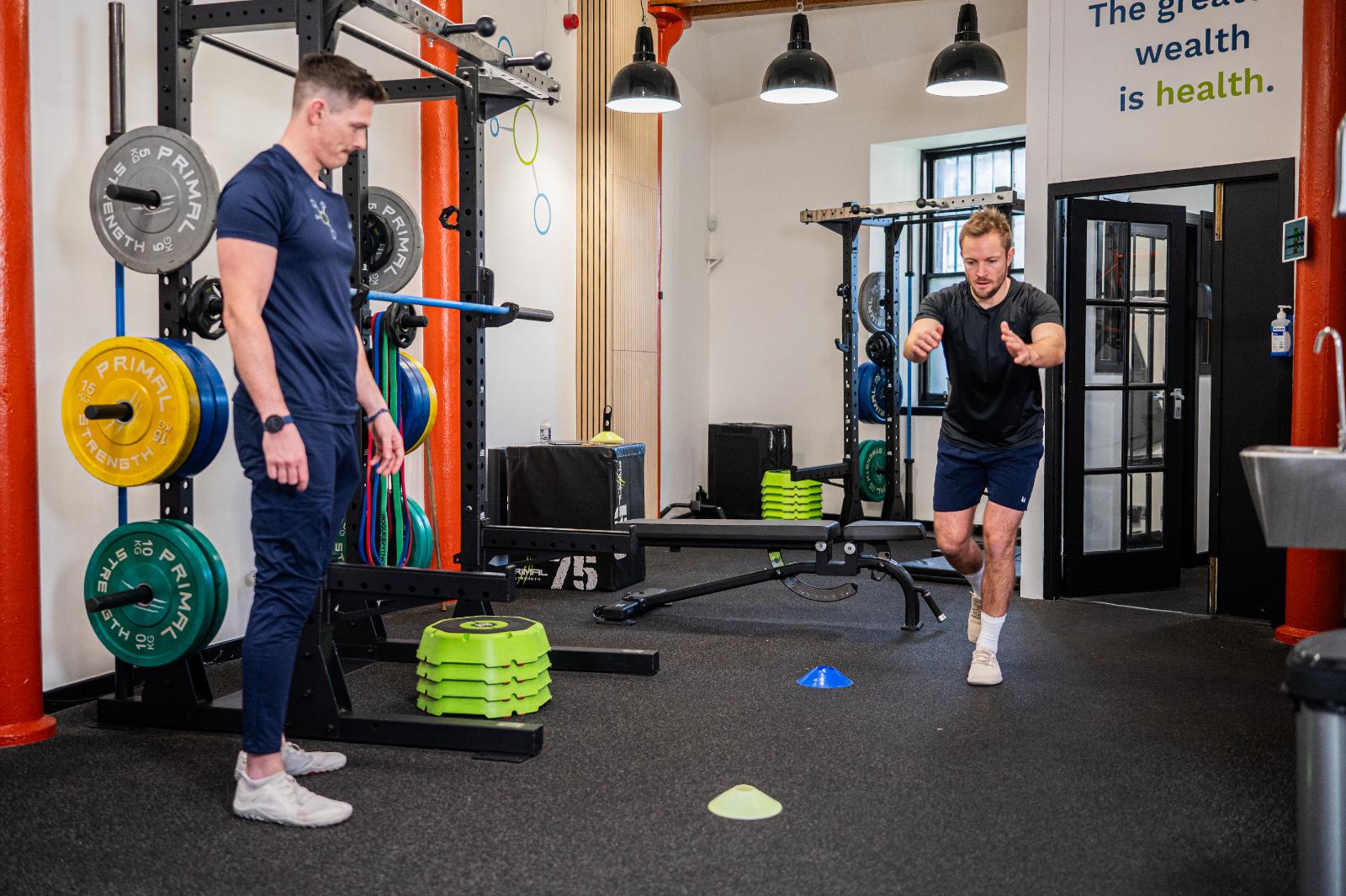 Dynamic movement screening to analyse knee and ankle stability for personal training Edinburgh clients at our Leith facility.