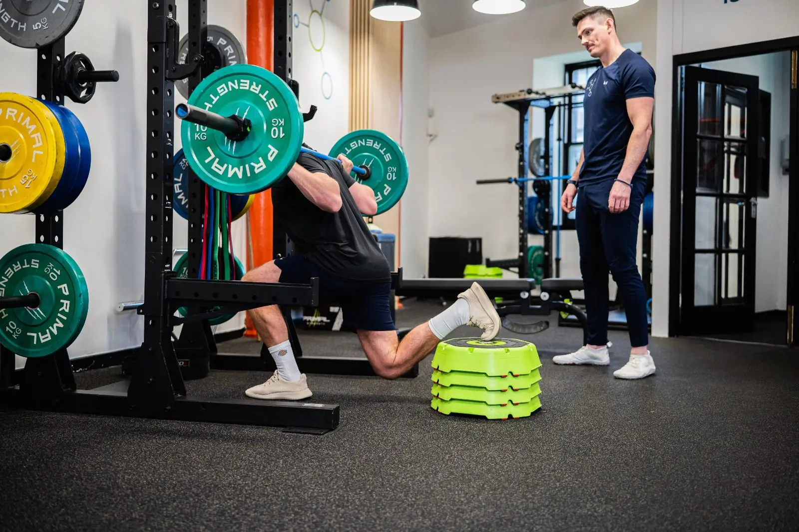 KA2_9466 Clinical assessment of a Bulgarian split squat for small group personal training Edinburgh at our Leith gym facility.