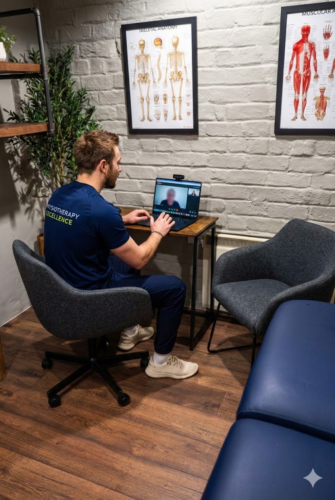 online physio 3 Physiotherapy Edinburgh expert at Health by Science using a laptop for a professional video gait analysis session.
