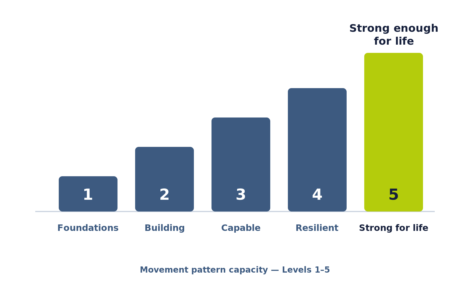 levels-desktop-landscape Movement MOT Levels 1 to 5, rising from Foundations to Strong enough for life.