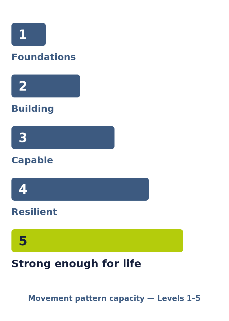 levels-mobile-portrait Movement MOT Levels 1 to 5, rising from Foundations to Strong enough for life.